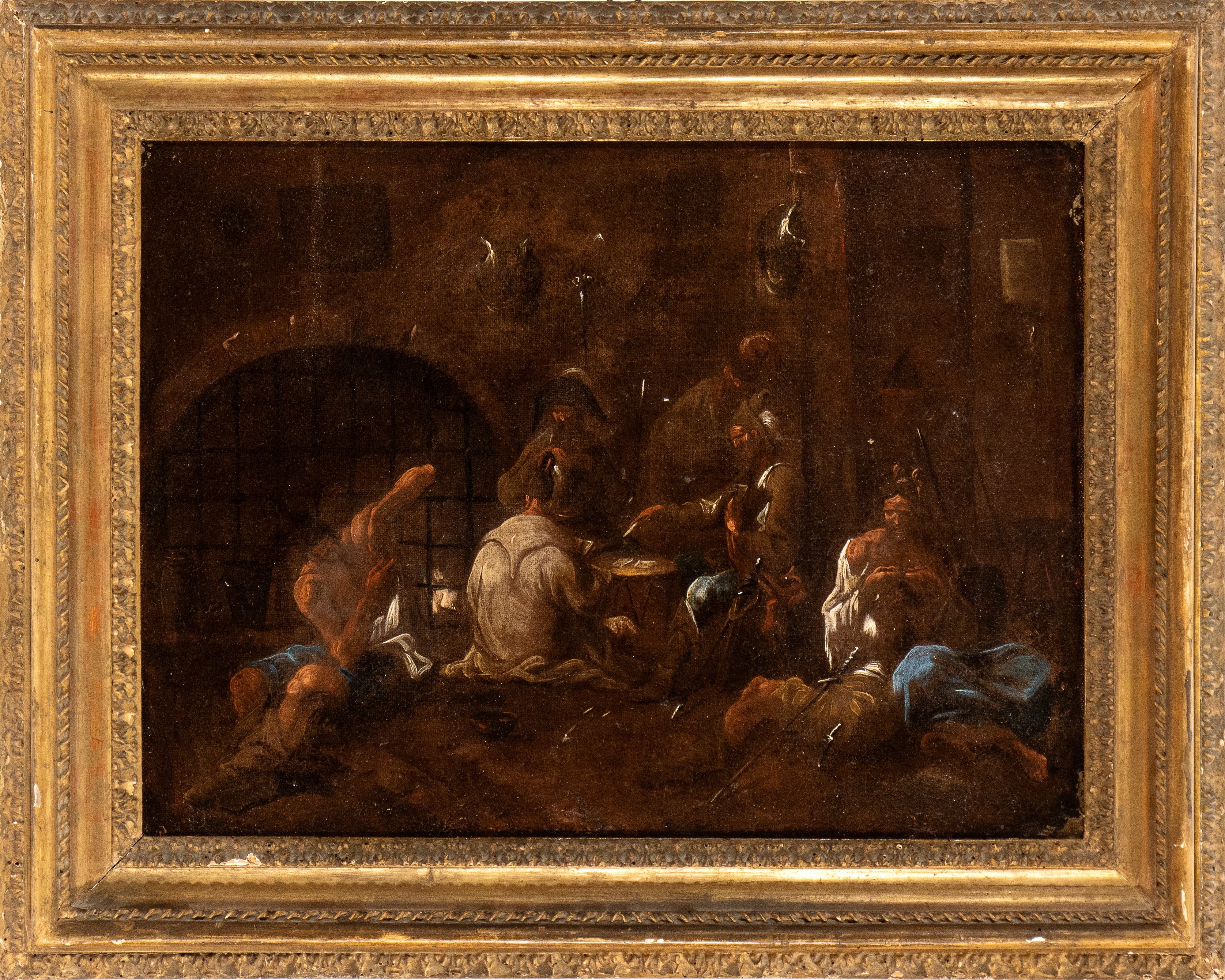 Artista Genovese, Fine XVII - Inizio XVIII Secolo - Interno di Cella con Giocatori di Carte