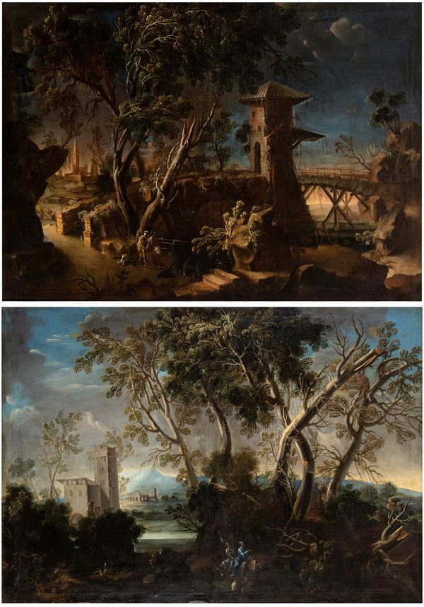 Artista attivo in Veneto, seconda met&#224; del XVII - prima met&#224; del XVIII secolo - a) Landscape with water course, citadel and two figures; b) Landscape with wooden bridge. Pair of paintings