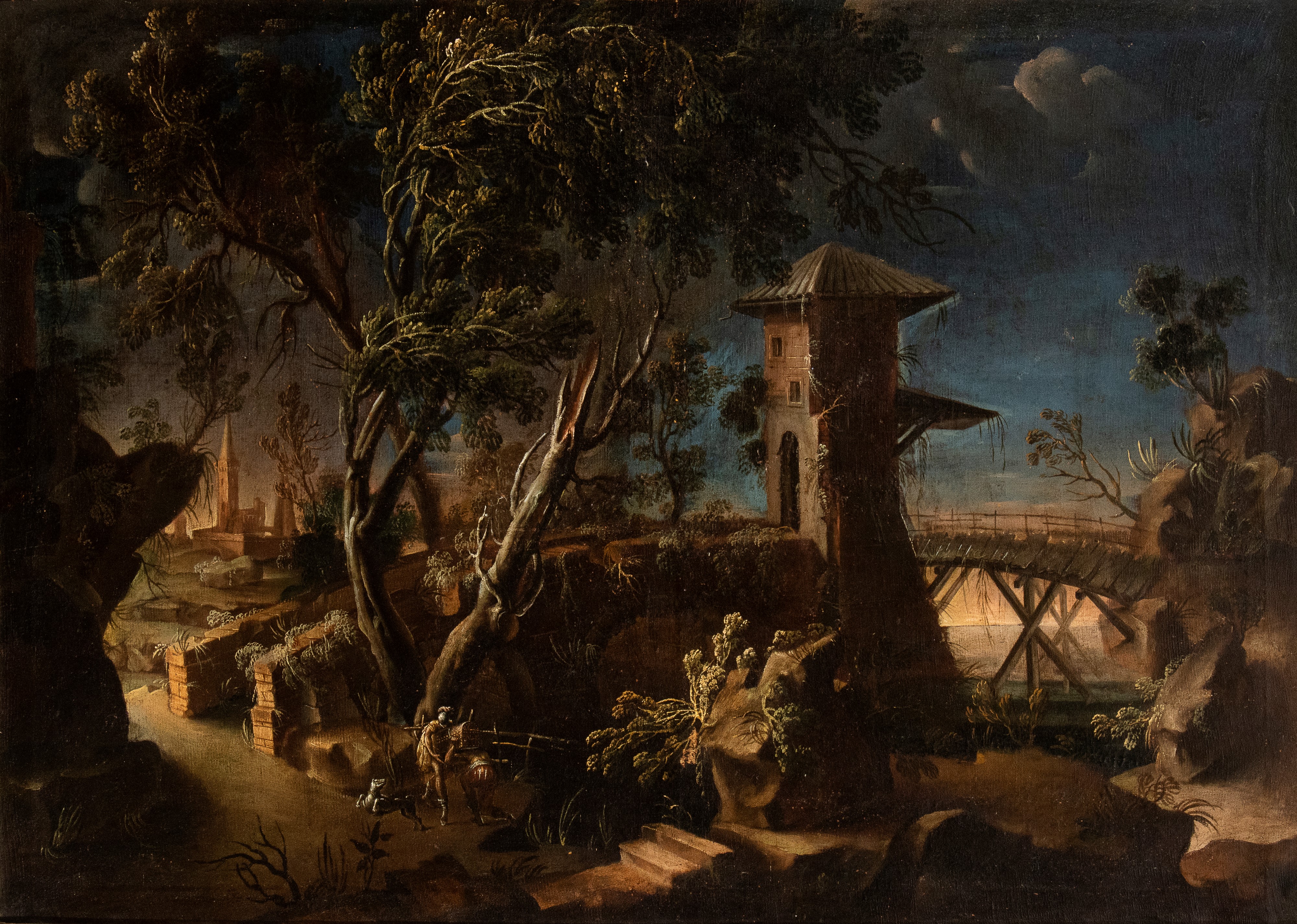 a) Paesaggio con corso d'acqua, cittadella e due figure; b) paesaggio con ponte di legno. Coppia ...