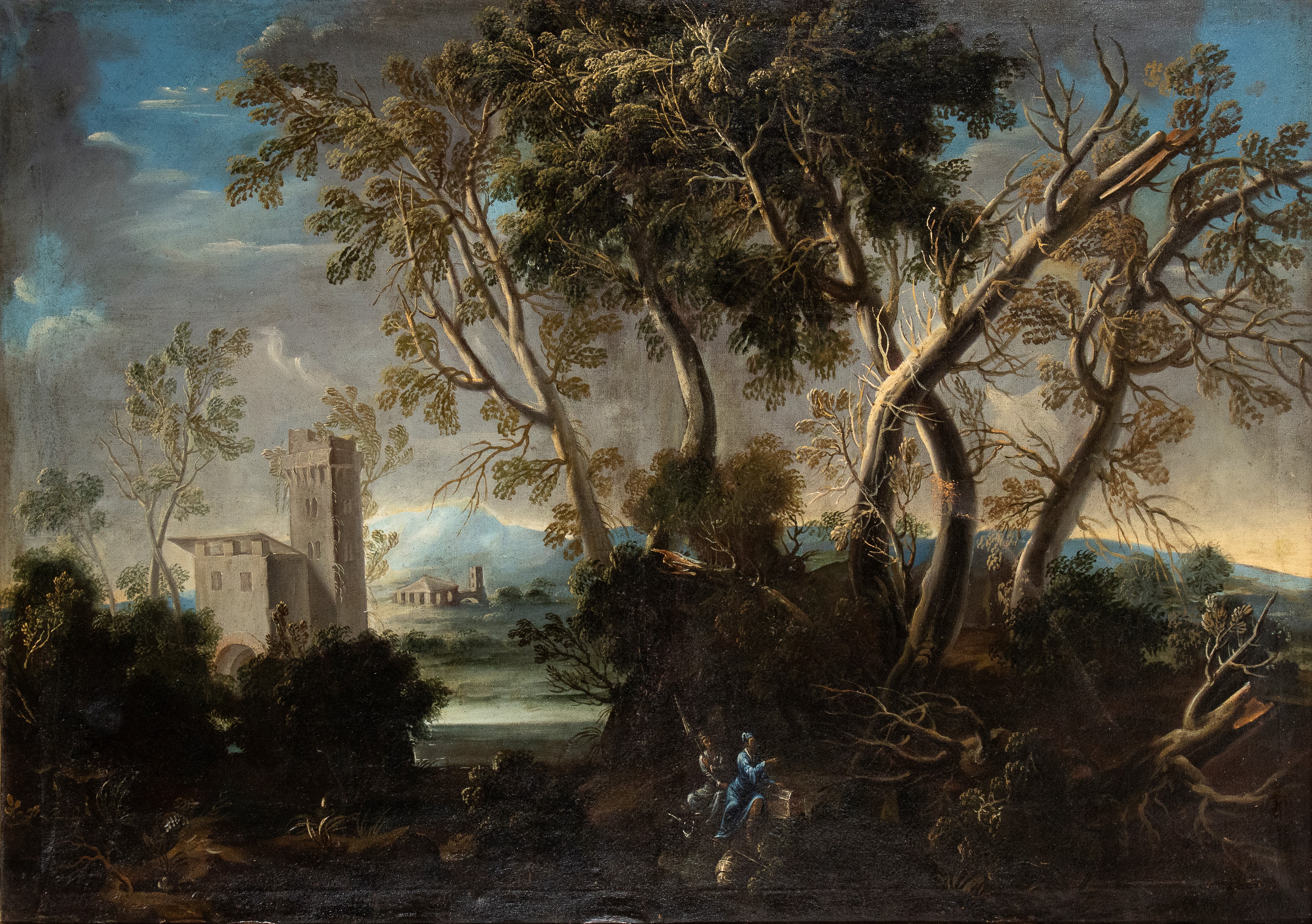 a) Paesaggio con corso d'acqua, cittadella e due figure; b) paesaggio con ponte di legno. Coppia ...