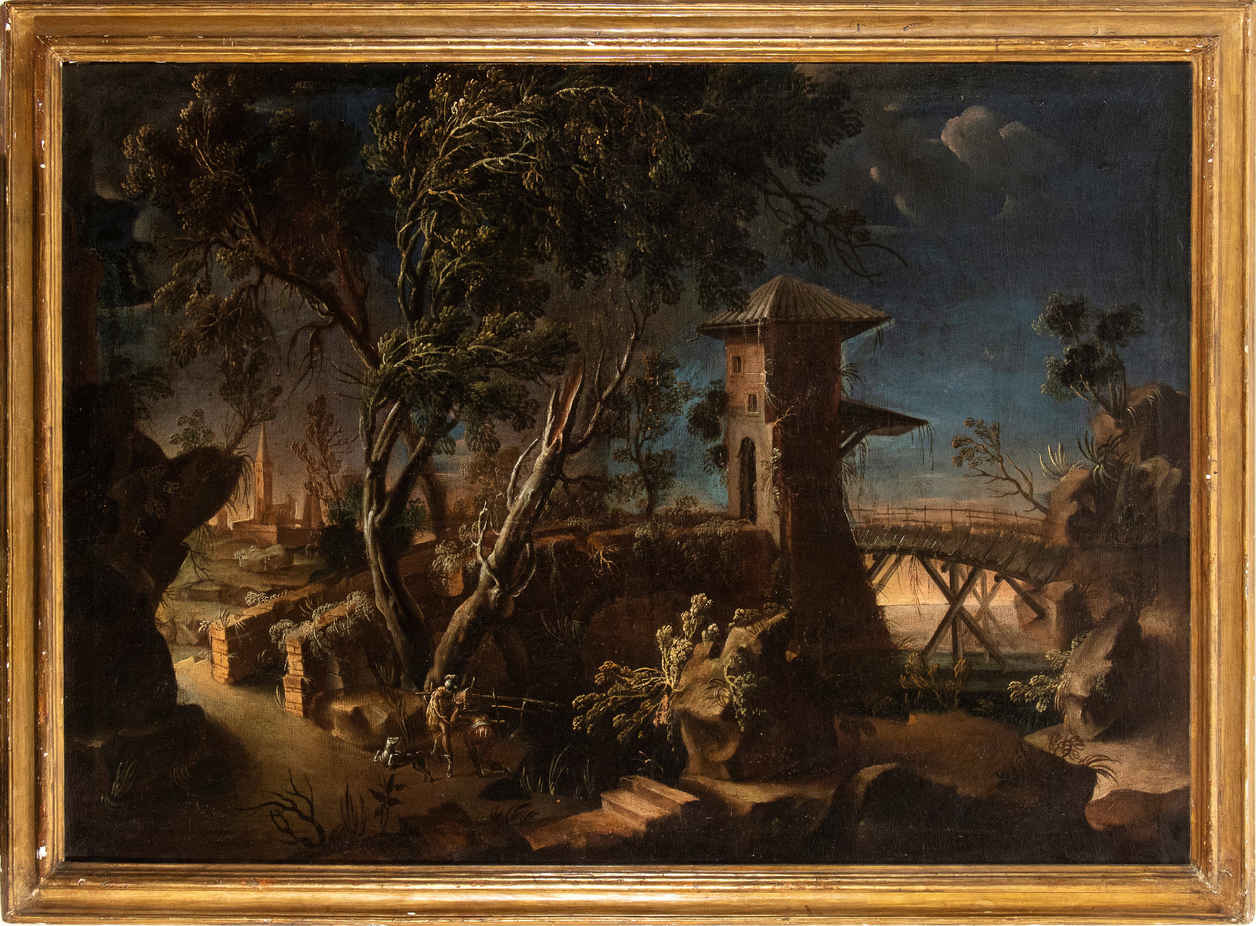 a) Paesaggio con corso d'acqua, cittadella e due figure; b) paesaggio con ponte di legno. Coppia ...