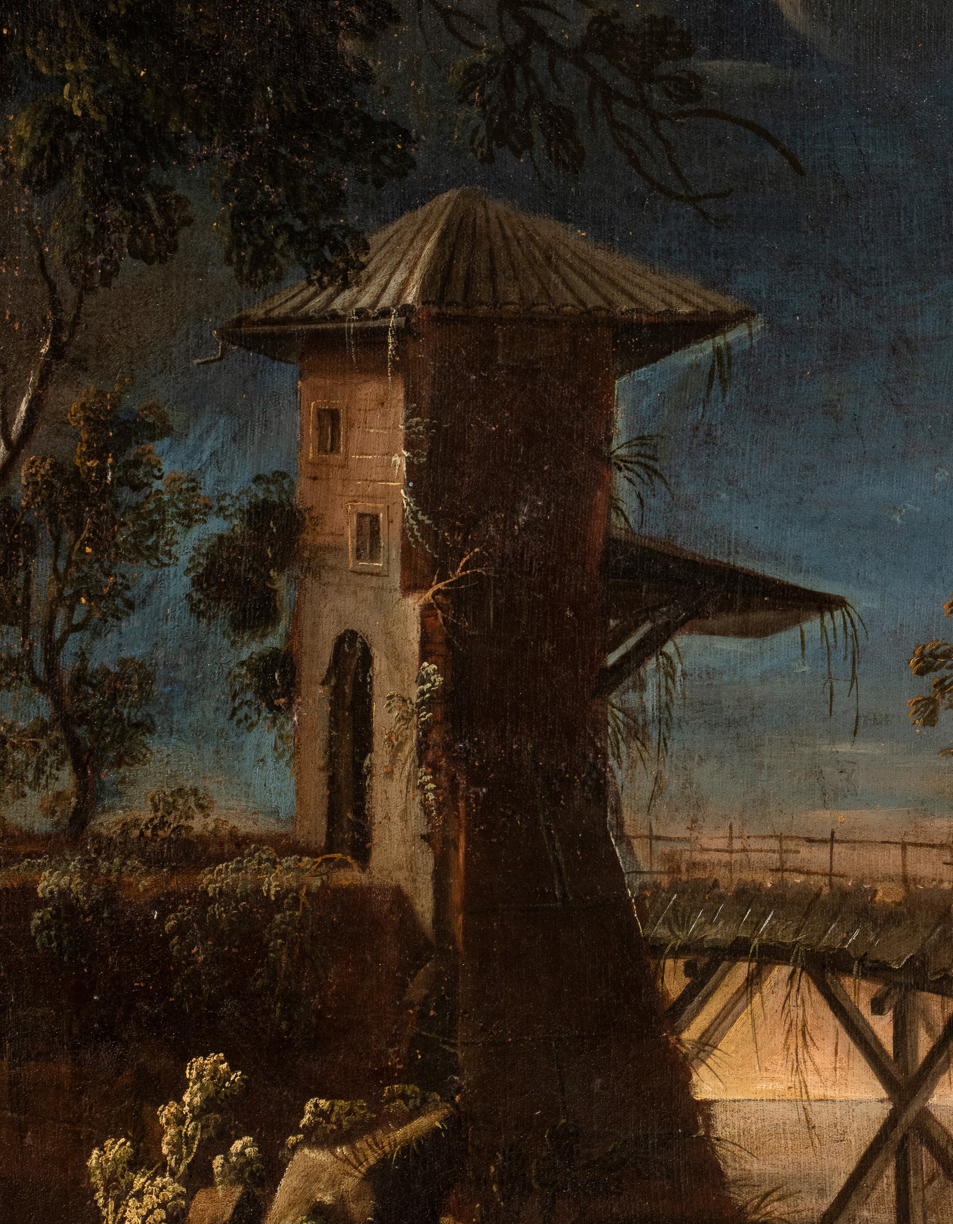 a) Paesaggio con corso d'acqua, cittadella e due figure; b) paesaggio con ponte di legno. Coppia ...