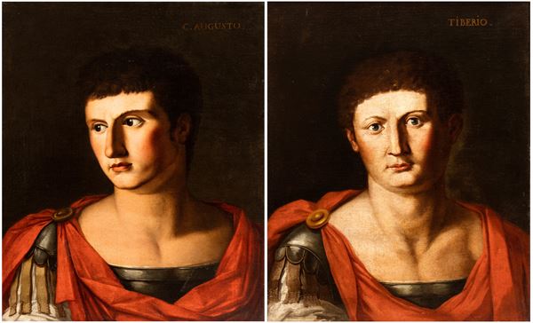 Artista lombardo, XVII secolo - a) Portrait of Augustus; b) Portrait of Tiberius. Pair of paintings