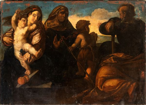 Scuola emiliana, XVII secolo - Holy Family with Saint John and Saint Elizabeth