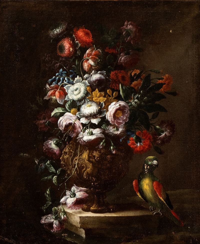 Nicola Casissa - Bouquet di Fiori in un Vaso Metallico, con Pappagallo