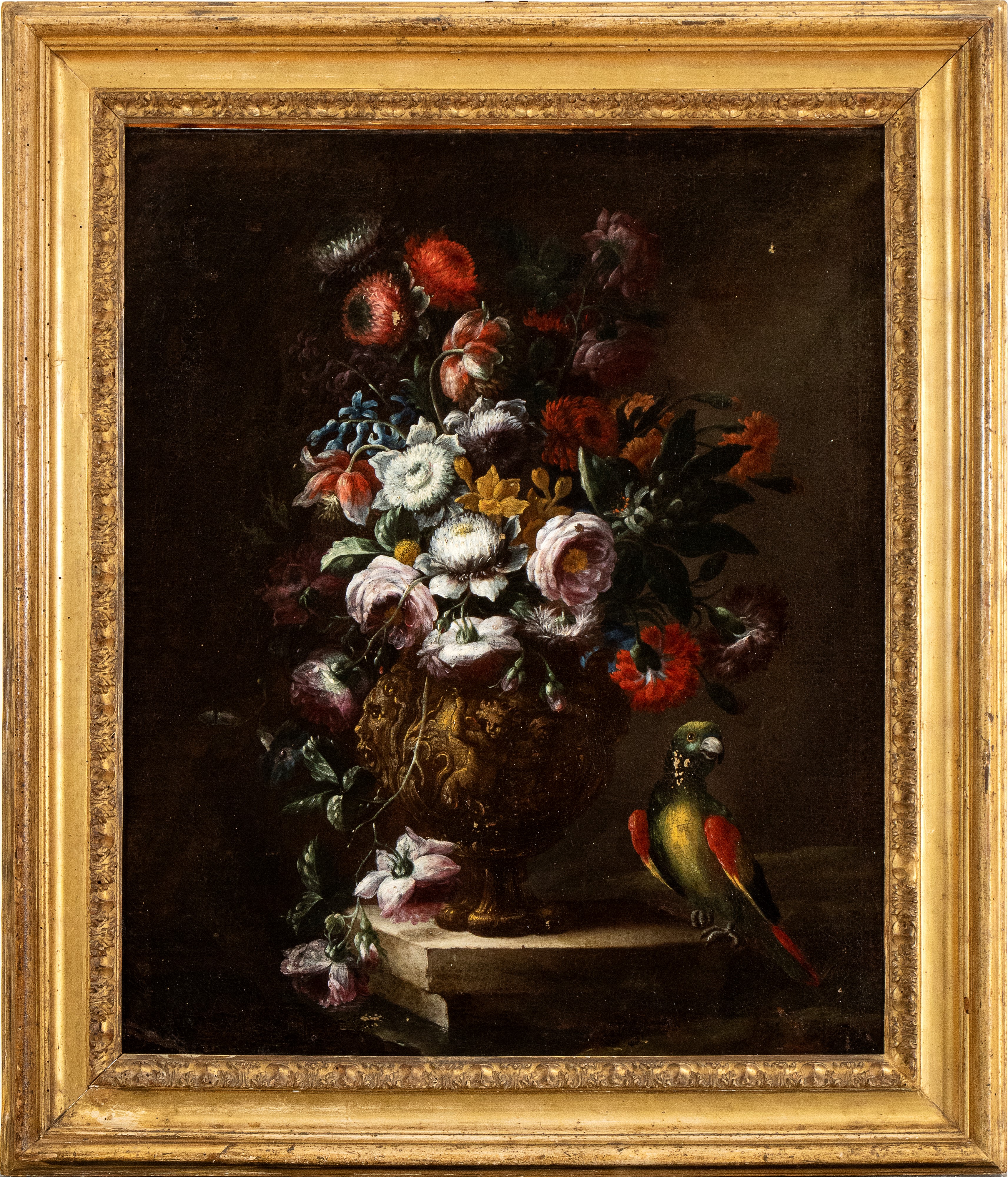 Nicola Casissa - Bouquet di Fiori in un Vaso Metallico, con Pappagallo