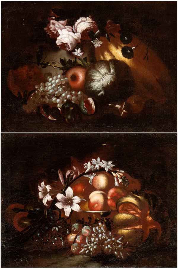 Scuola romana, prima met&#224; XVIII secolo - a) Still life of fruit with roses and jasmine; b) Still life of fruit with lily. Pair of paintings