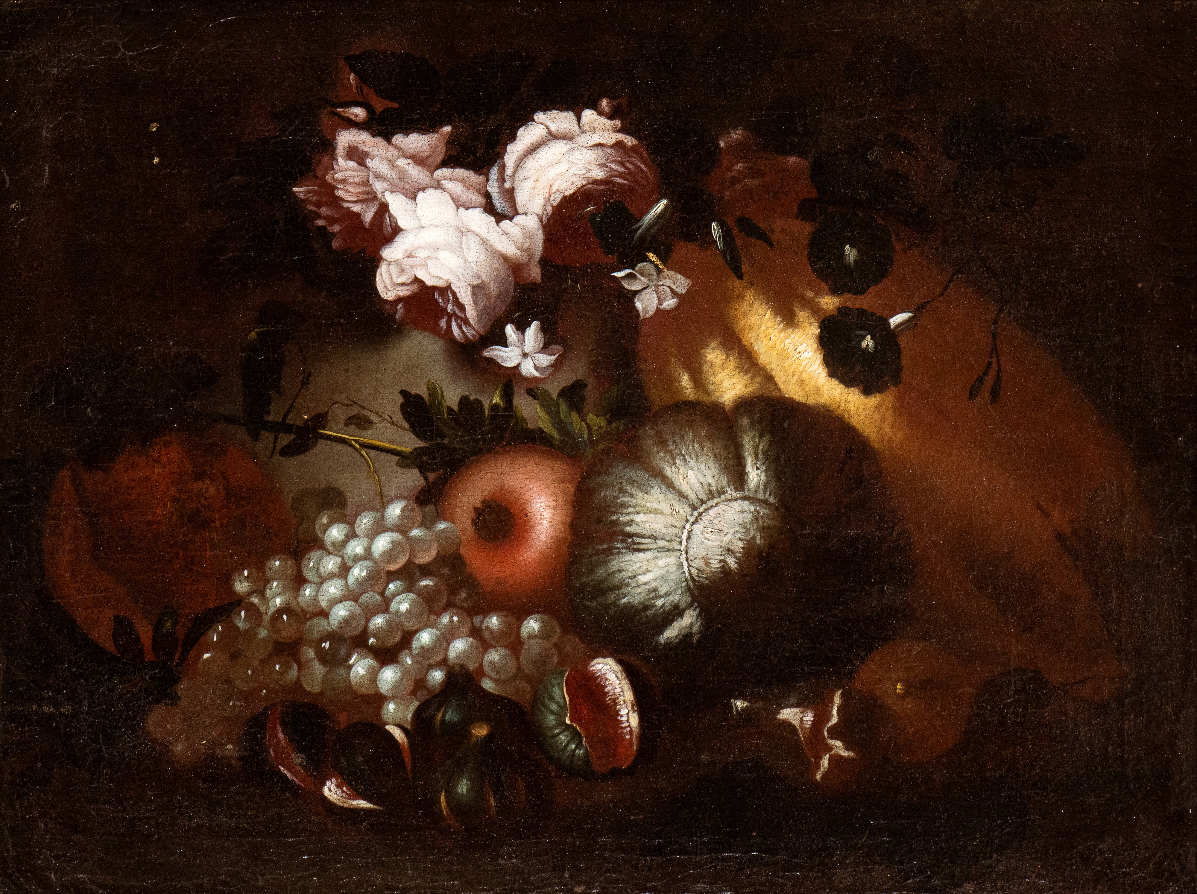 a) Natura morta di frutti con rose e gelsomini; b) natura morta di frutta con giglio. Coppia di d...