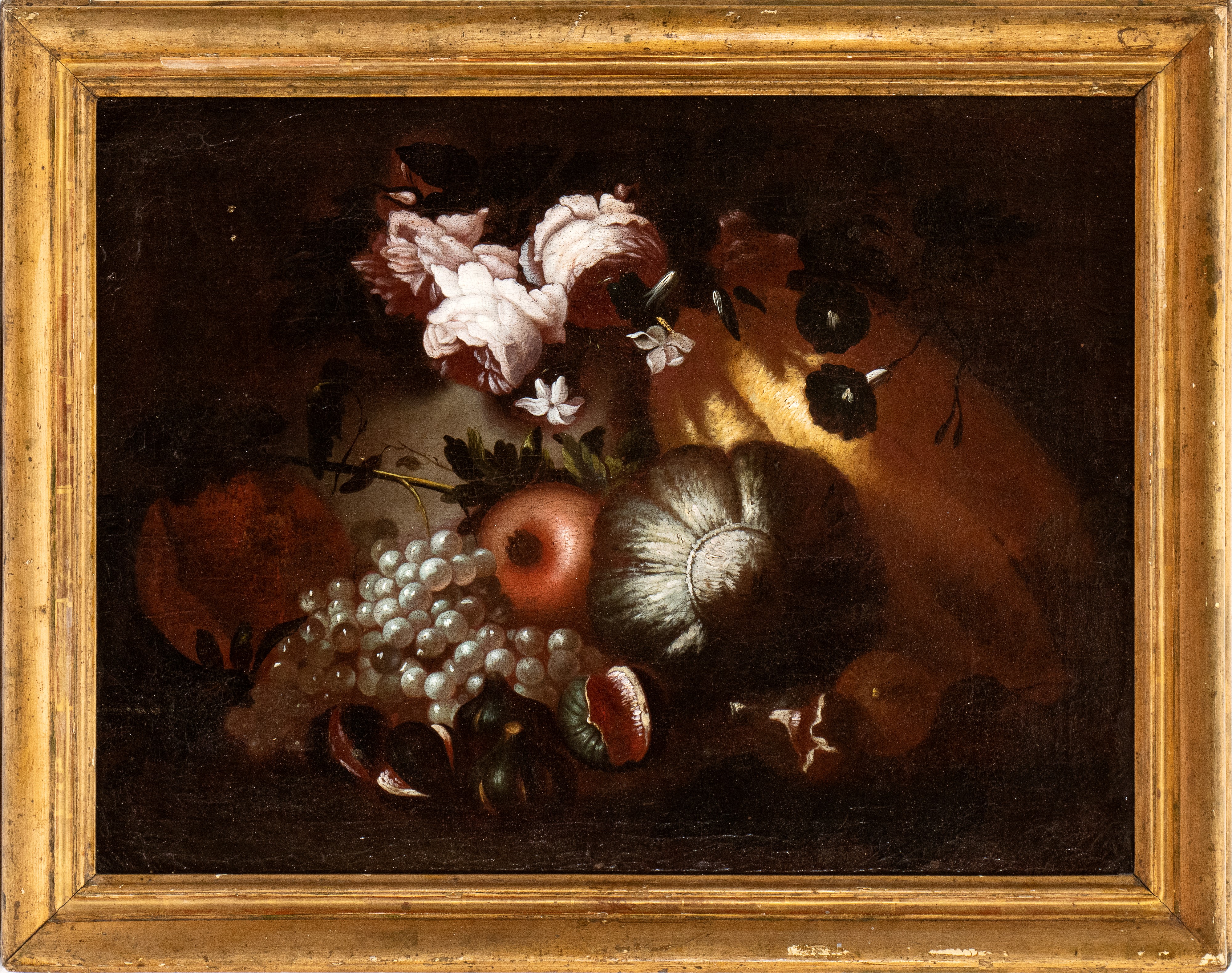 a) Natura morta di frutti con rose e gelsomini; b) natura morta di frutta con giglio. Coppia di d...