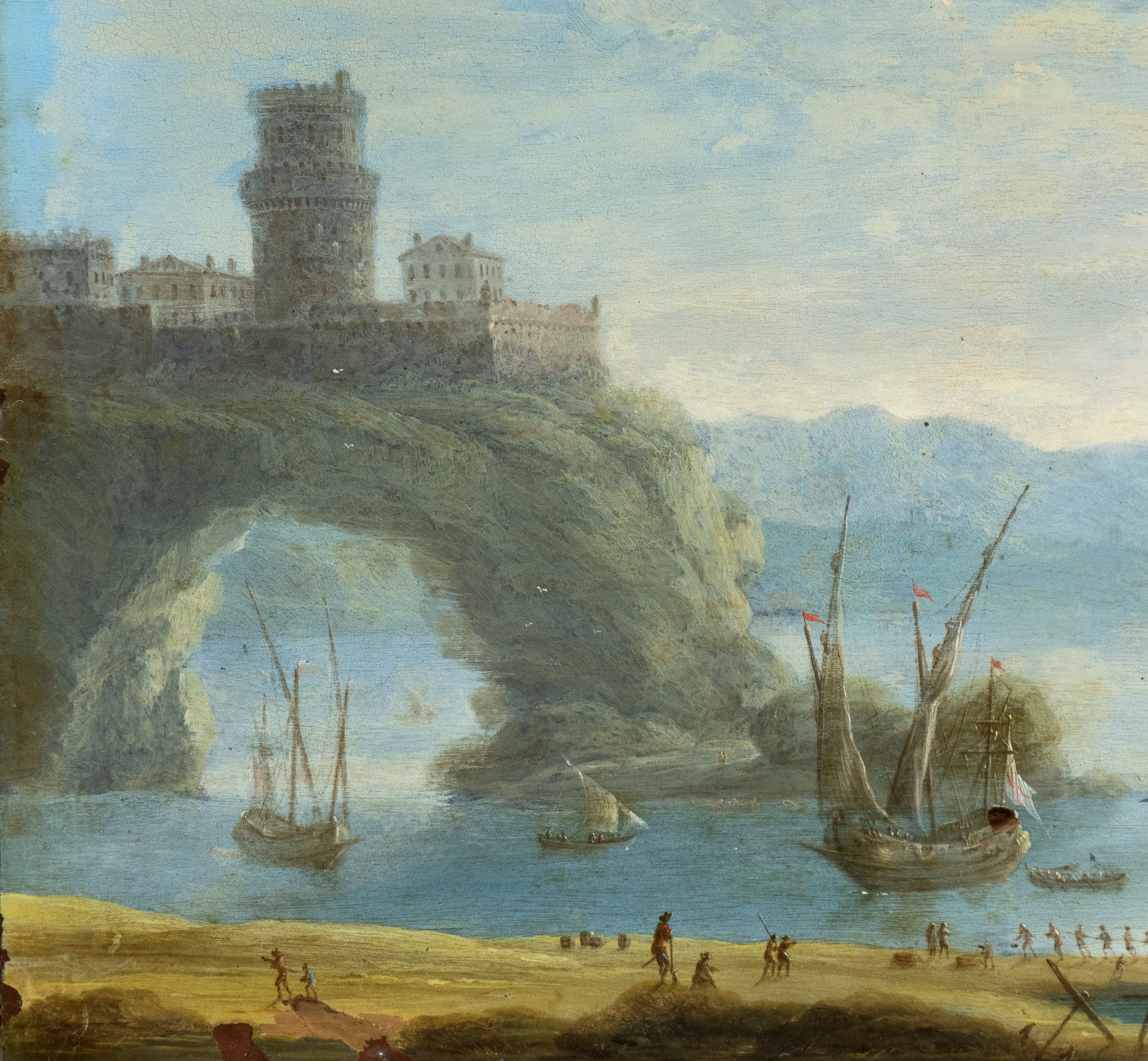 Orazio Grevenbroeck - Paesaggio Costiero con Imbarcazioni e Borgo su Arco di Roccia