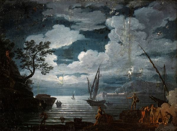 Artista francese attivo in Italia, XVIII secolo - Coastal landscape in the moonlight