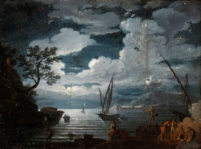 Artista Francese Attivo in Italia, XVIII Secolo - Paesaggio Costiero al Chiaro di Luna