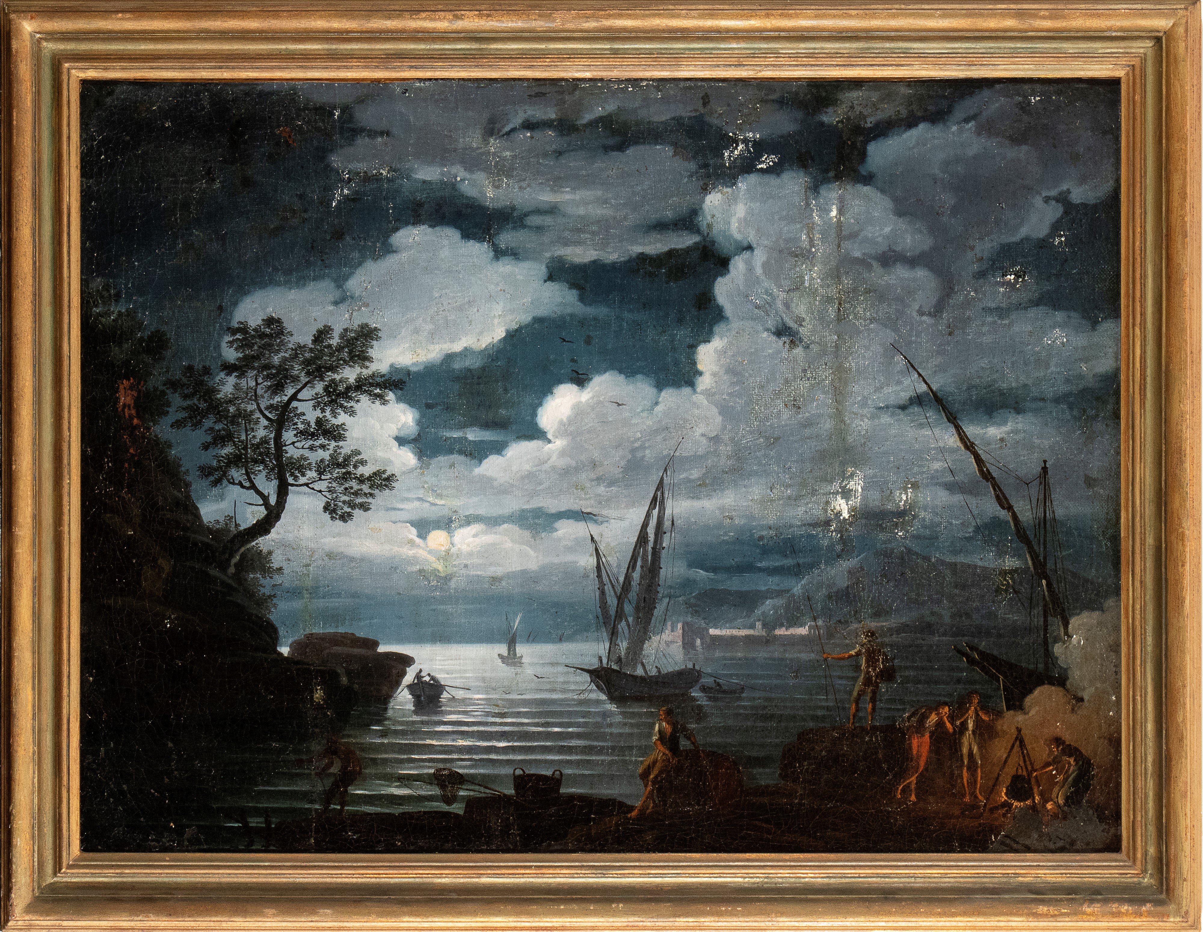 Artista Francese Attivo in Italia, XVIII Secolo - Paesaggio Costiero al Chiaro di Luna