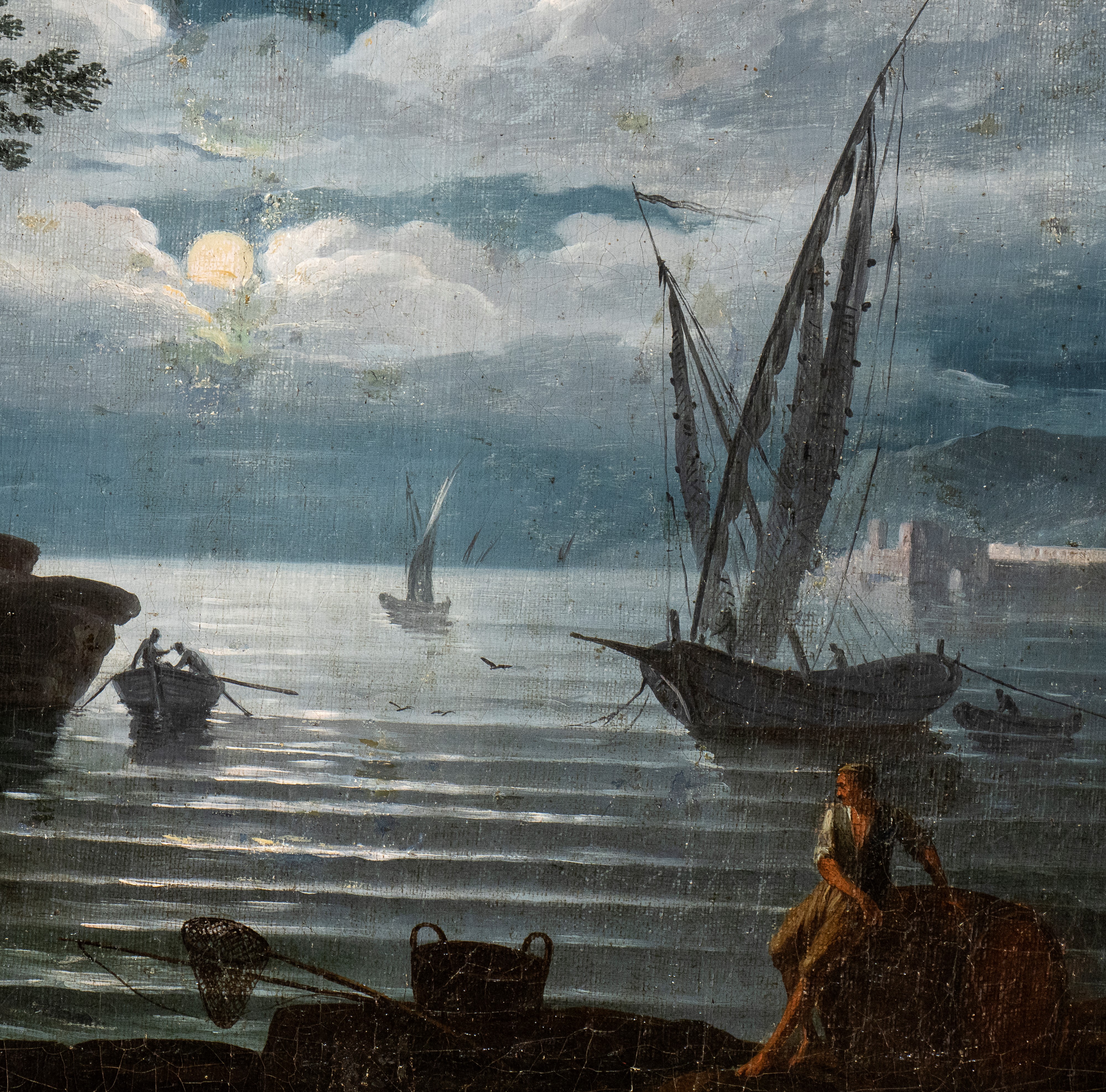 Artista Francese Attivo in Italia, XVIII Secolo - Paesaggio Costiero al Chiaro di Luna