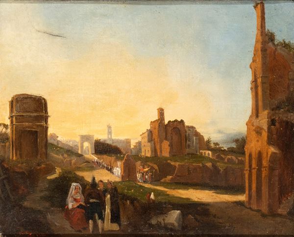 Artista francese attivo a Roma, XIX secolo - View of the Palatine near the ‘Meta Sudans’ with procession