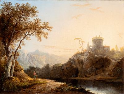 Paesaggio Fluviale con Rocca e Due Viandanti
