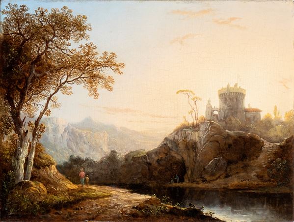 Artista italiano, XIX secolo - River landscape with fortress and two wayfarers