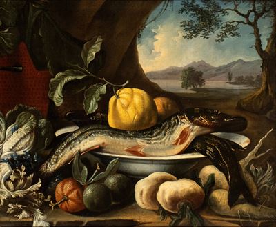 Natura Morta con Pescato, Ortaggi e Agrumi