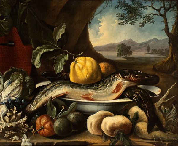 Artista emiliano, XVIII secolo - Still life with fish and citrus fruits