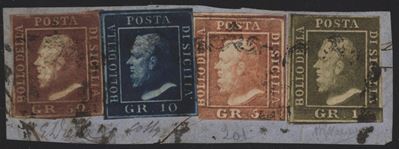 Sicilia, Affrancatura quadricolore 1859: 50 gr. + 10 gr. + 5 gr. + 1 gr., Cert. Oro Raybaudi