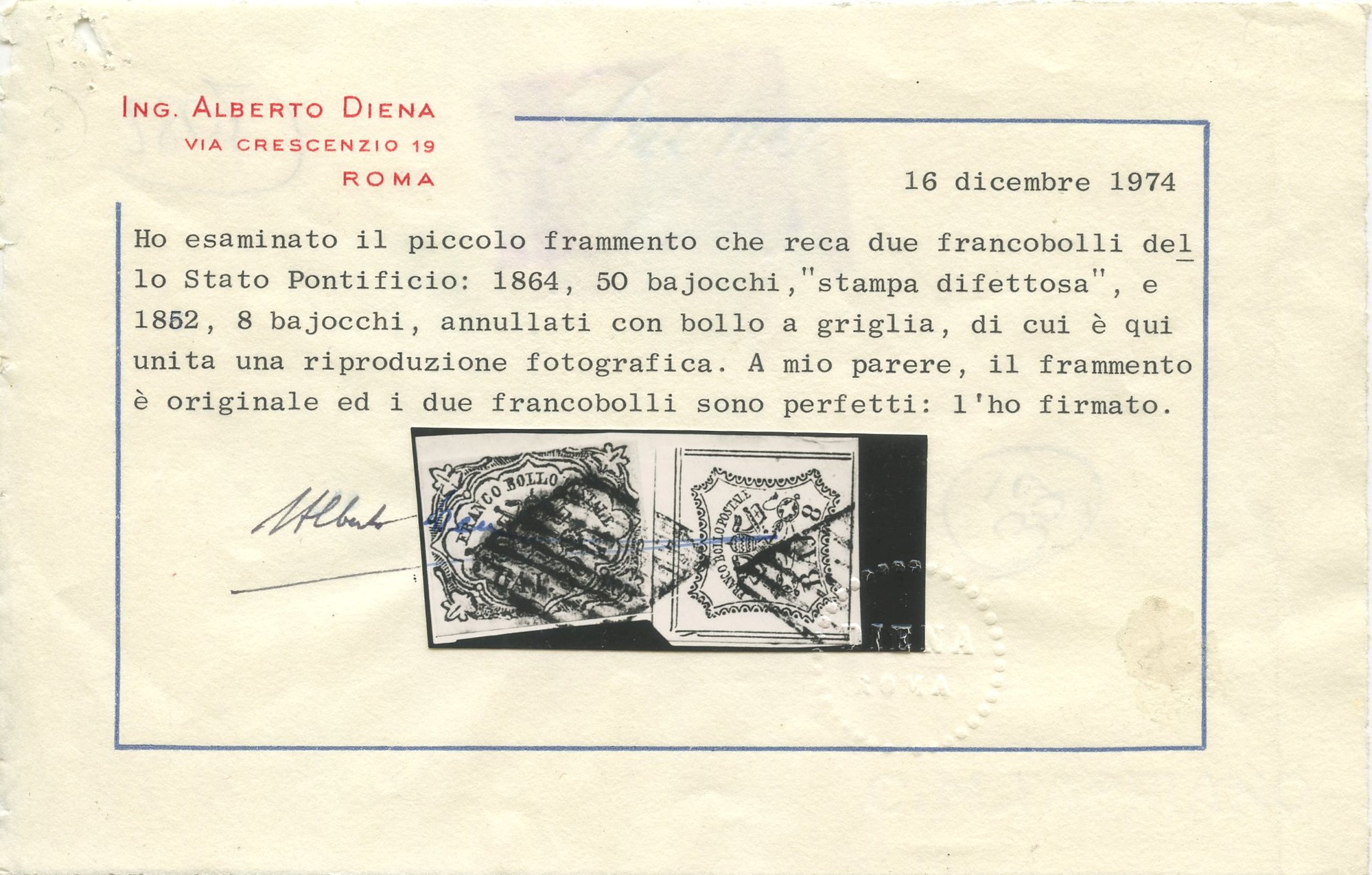 Vaccari, Oliva – Pontificio, Frammento affrancato 50 baj. + 8 baj. (58 baj.)