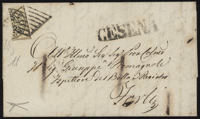 Francobollo pontificio da 4 baj giallo chiaro utilizzato in lettera da Cesena a Forlì, 1859
