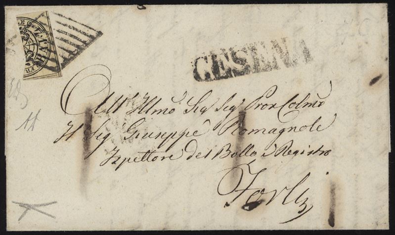 Francobollo pontificio da 4 baj giallo chiaro utilizzato in lettera da Cesena a Forlì, 1859