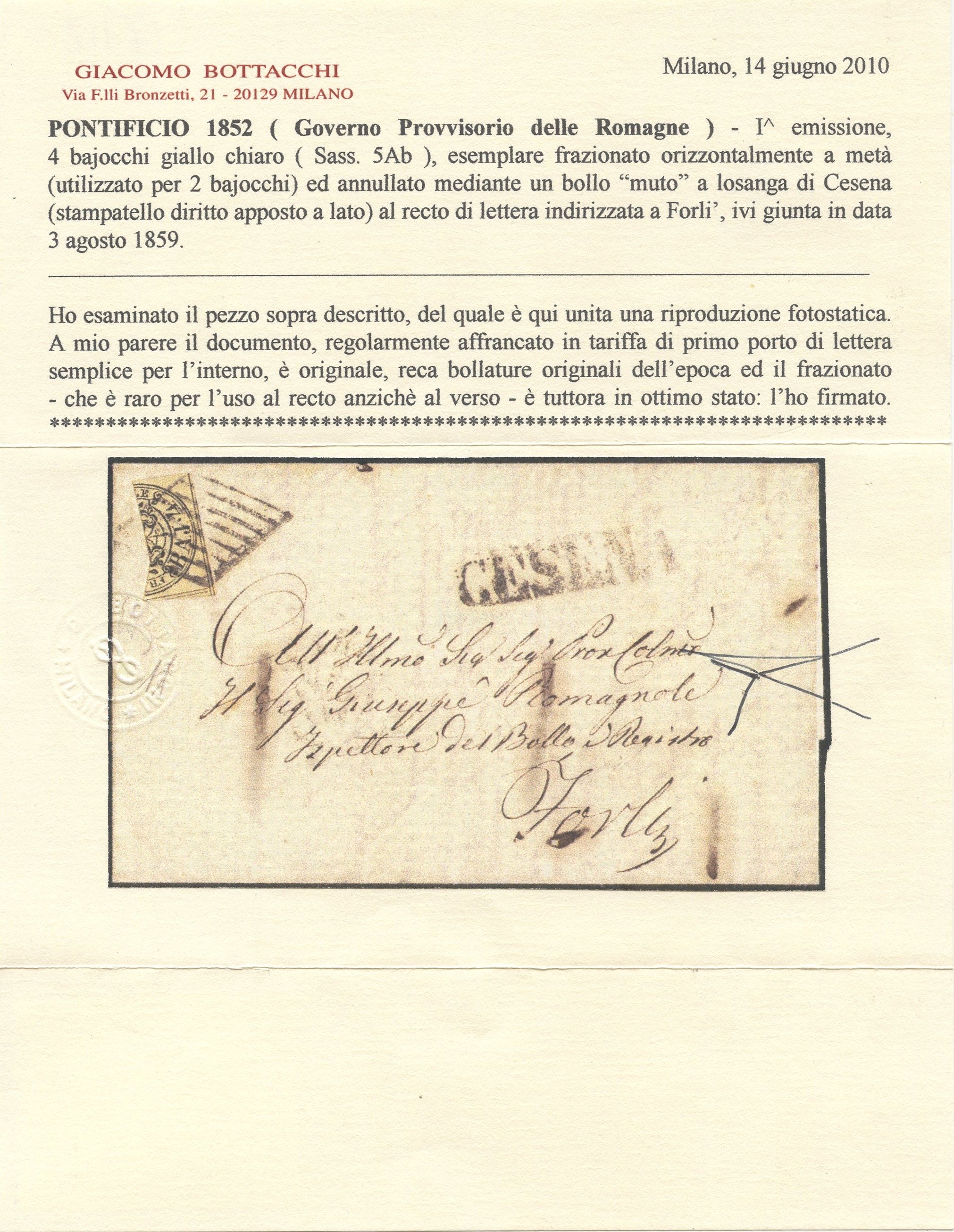 Francobollo pontificio da 4 baj giallo chiaro utilizzato in lettera da Cesena a Forlì, 1859