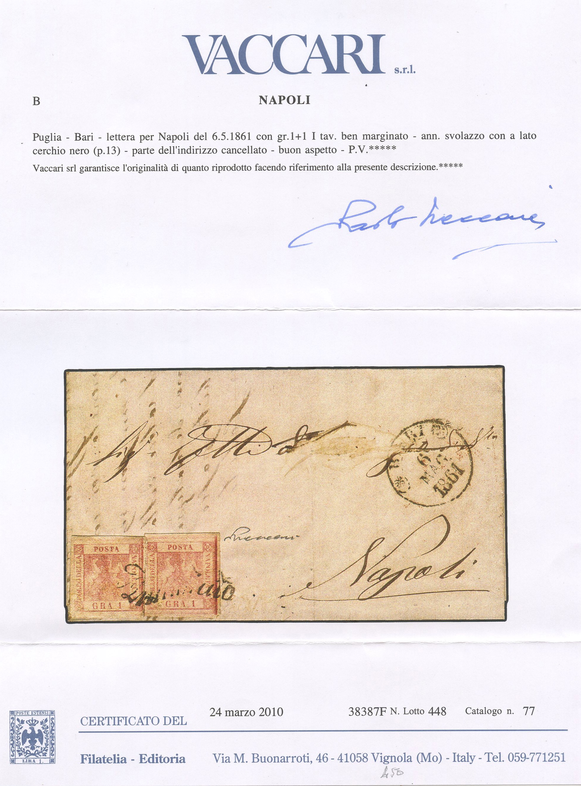 Lettera da Bari a Napoli, 06.05.1858, affrancata con valori da 1 grano rosa chiaro n.3