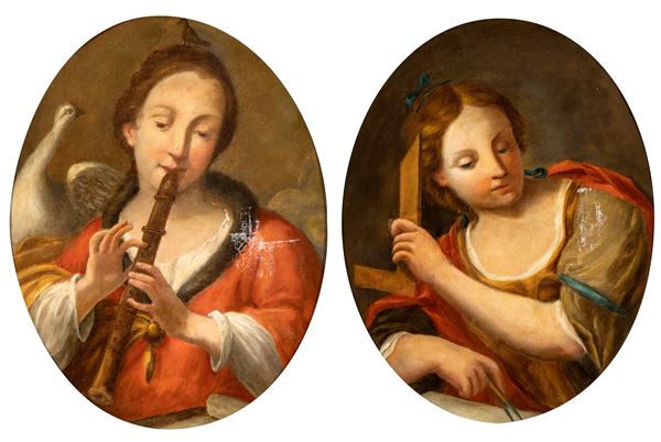 Artista emiliano, XVIII secolo - a) Allegory of Music; b) Allegory of Geometry. Pair of paintings.