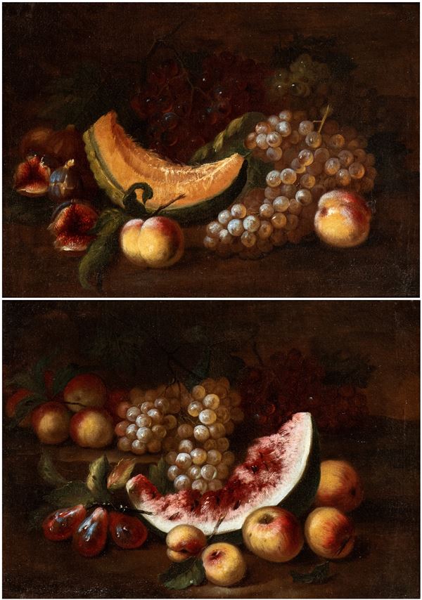 Artista attivo a Roma, prima met&#224; XVIII secolo - a) Natura morta di melone, fichi, uva e pesche; b) natura morta di cocomero, mele, uva e pere. Coppia di dipinti