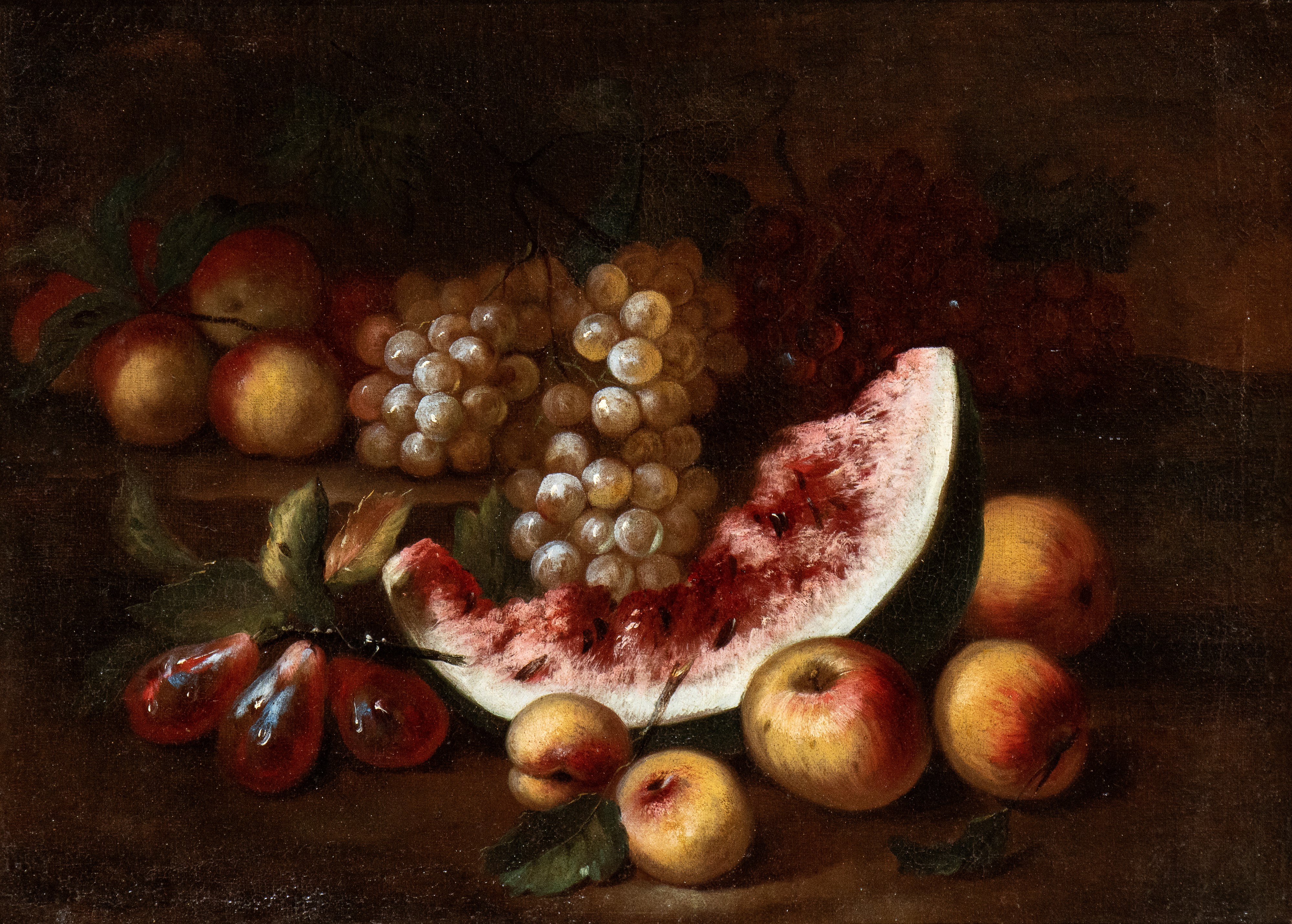 Artista Attivo a Roma, Prima Metà XVIII Secolo - A) Natura Morta di Melone, Fichi, Uva e Pesche; ...