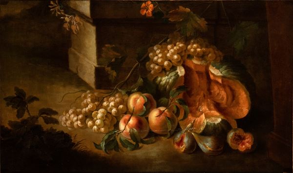 Artista attivo a Roma, XVIII secolo - Still life in a landscape with pumpkin, grapes and peaches