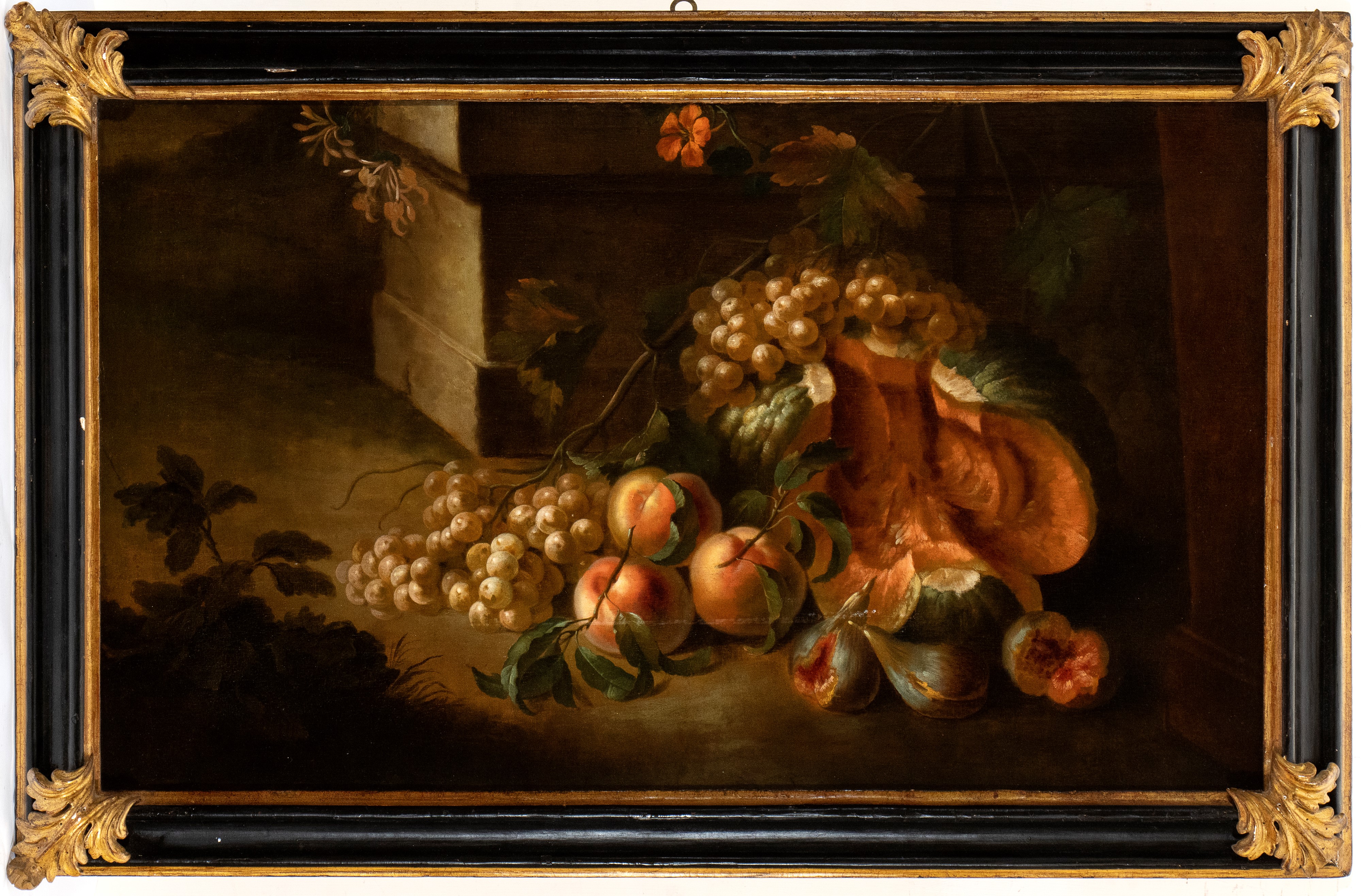 Artista Attivo a Roma, XVIII Secolo - Natura Morta in un Paesaggio con Zucca, Uva e Pesche