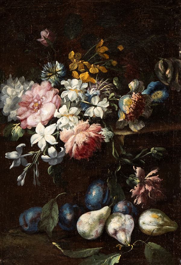 Giuseppe Vol&#242; Vincenzino - Natura morta con vaso di fiori, pere e prugne