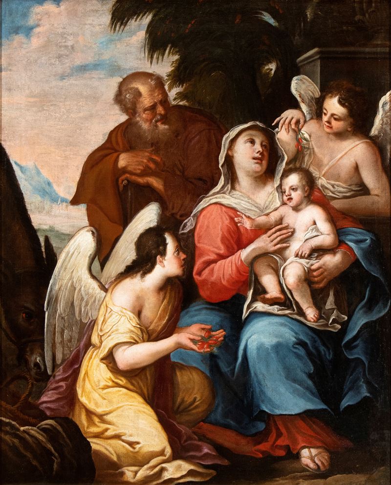 Artista Genovese, XVII Secolo - Riposo Durante la Fuga in Egitto