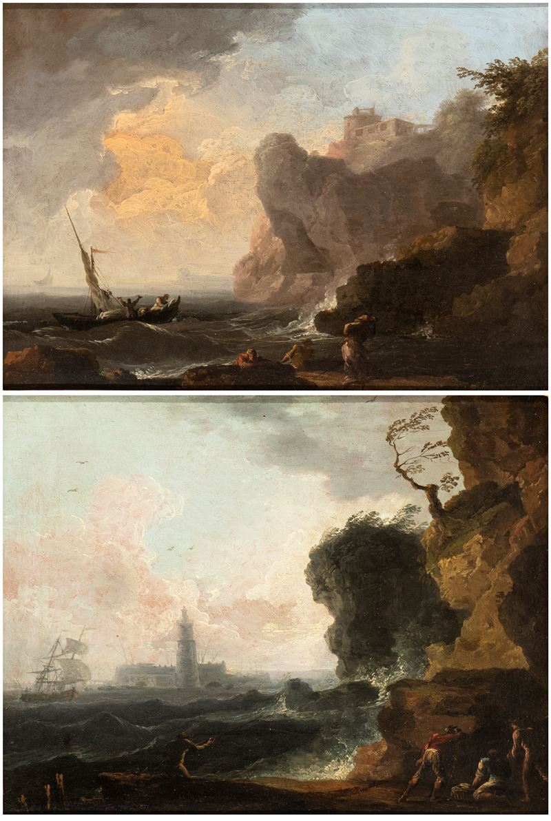 Artista Francese Attivo in Italia, XVIII Secolo - A) Marina con Scogliera, Naufraghi e Cittadella...