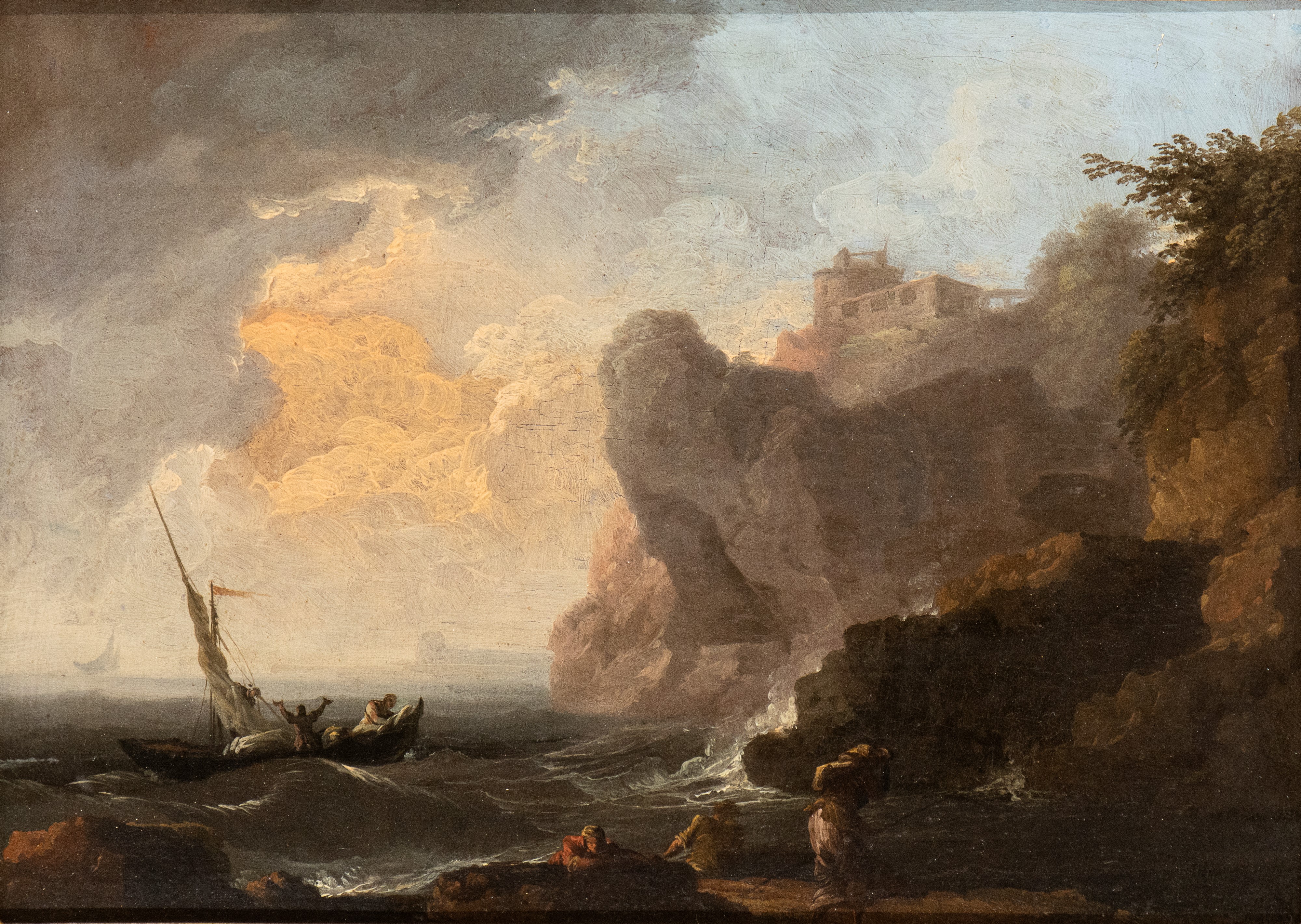 a) Marina con scogliera, naufraghi e cittadella sullo sfondo; b) Marina con pescatori, galera e f...