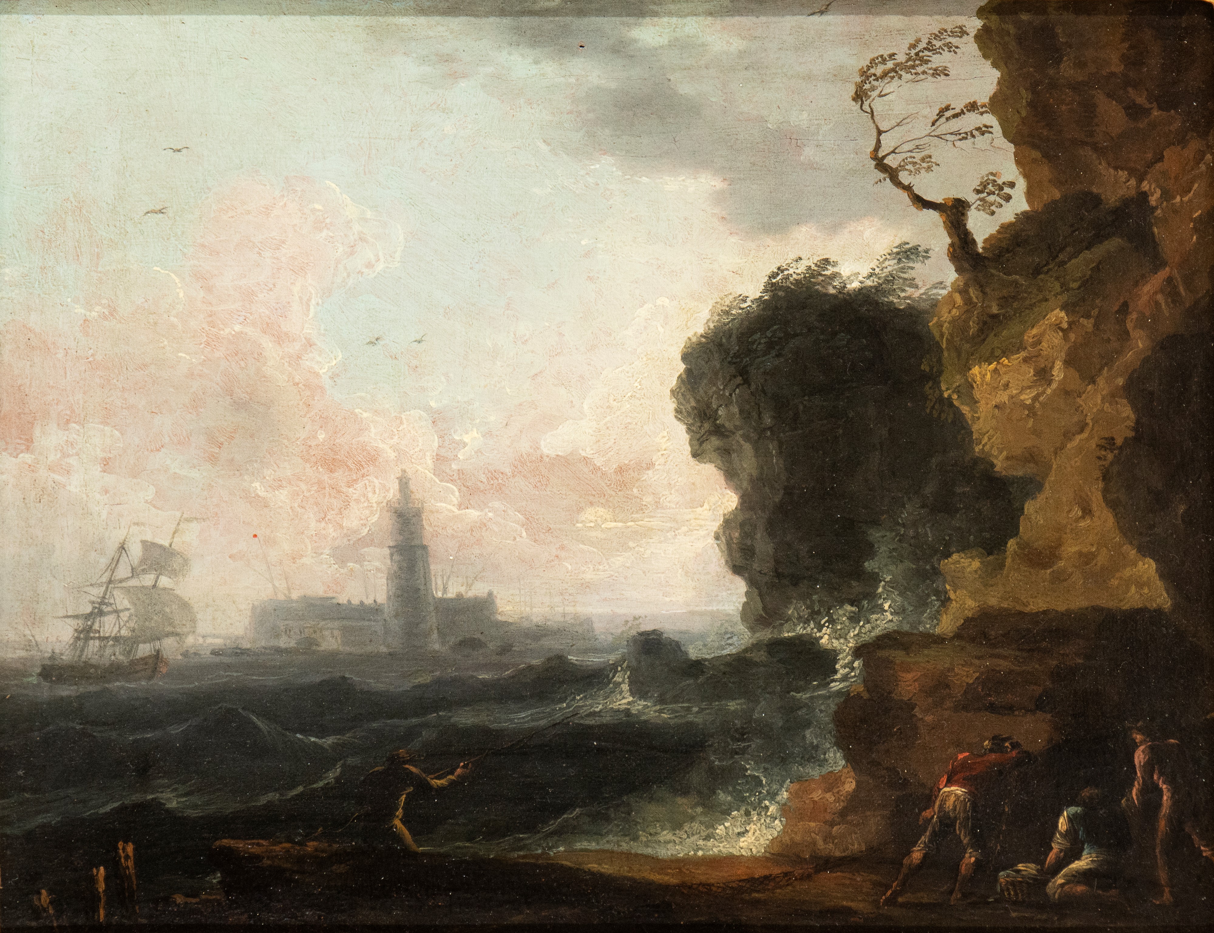 Artista Francese Attivo in Italia, XVIII Secolo - A) Marina con Scogliera, Naufraghi e Cittadella...