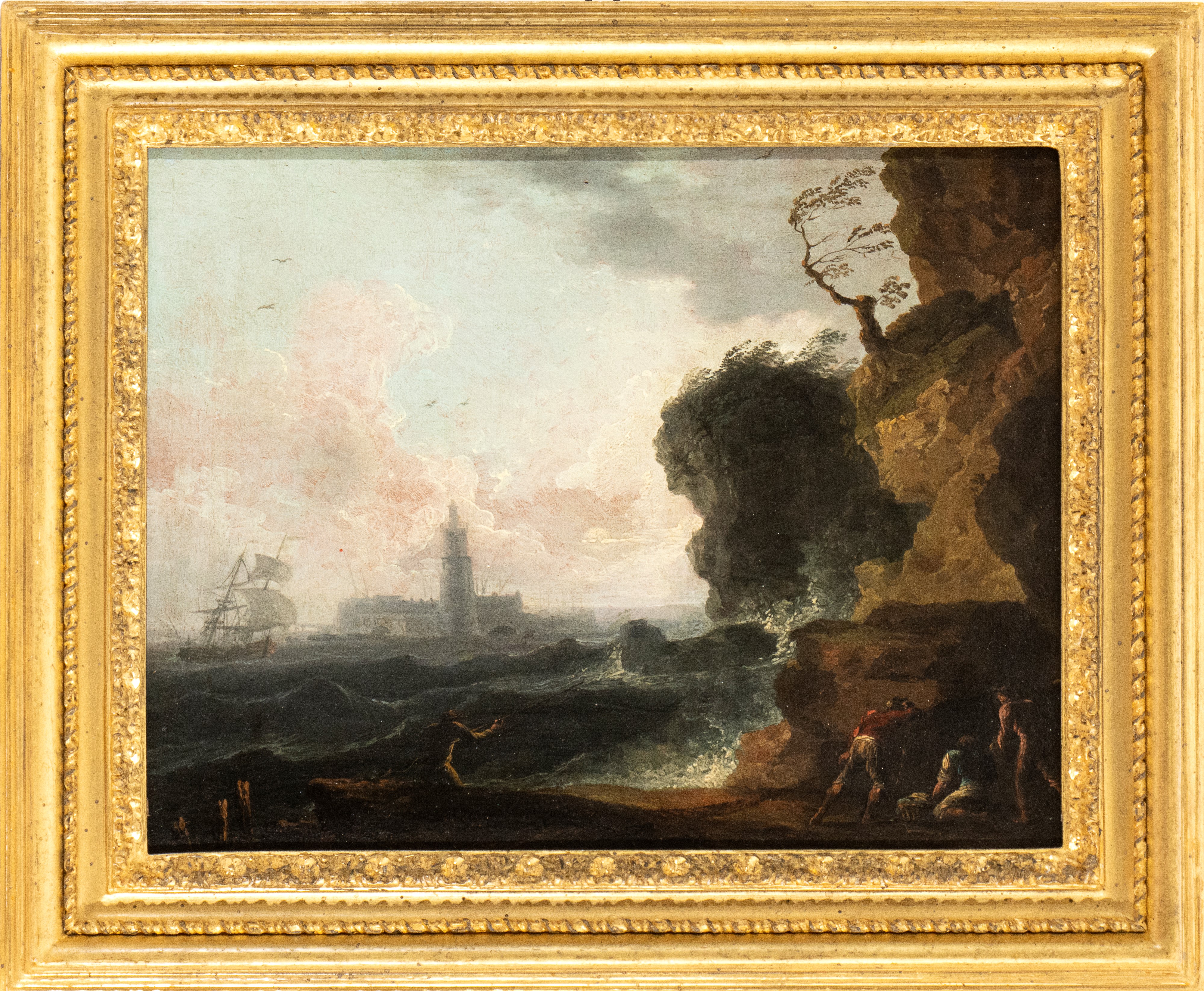 a) Marina con scogliera, naufraghi e cittadella sullo sfondo; b) Marina con pescatori, galera e f...