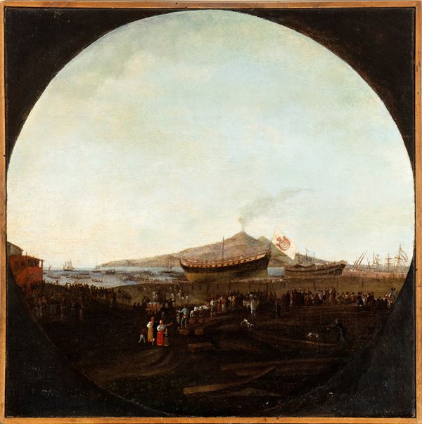 Artista attivo a Napoli, XVIII - XIX secolo - View of Baia with launching of the vessel Partenope