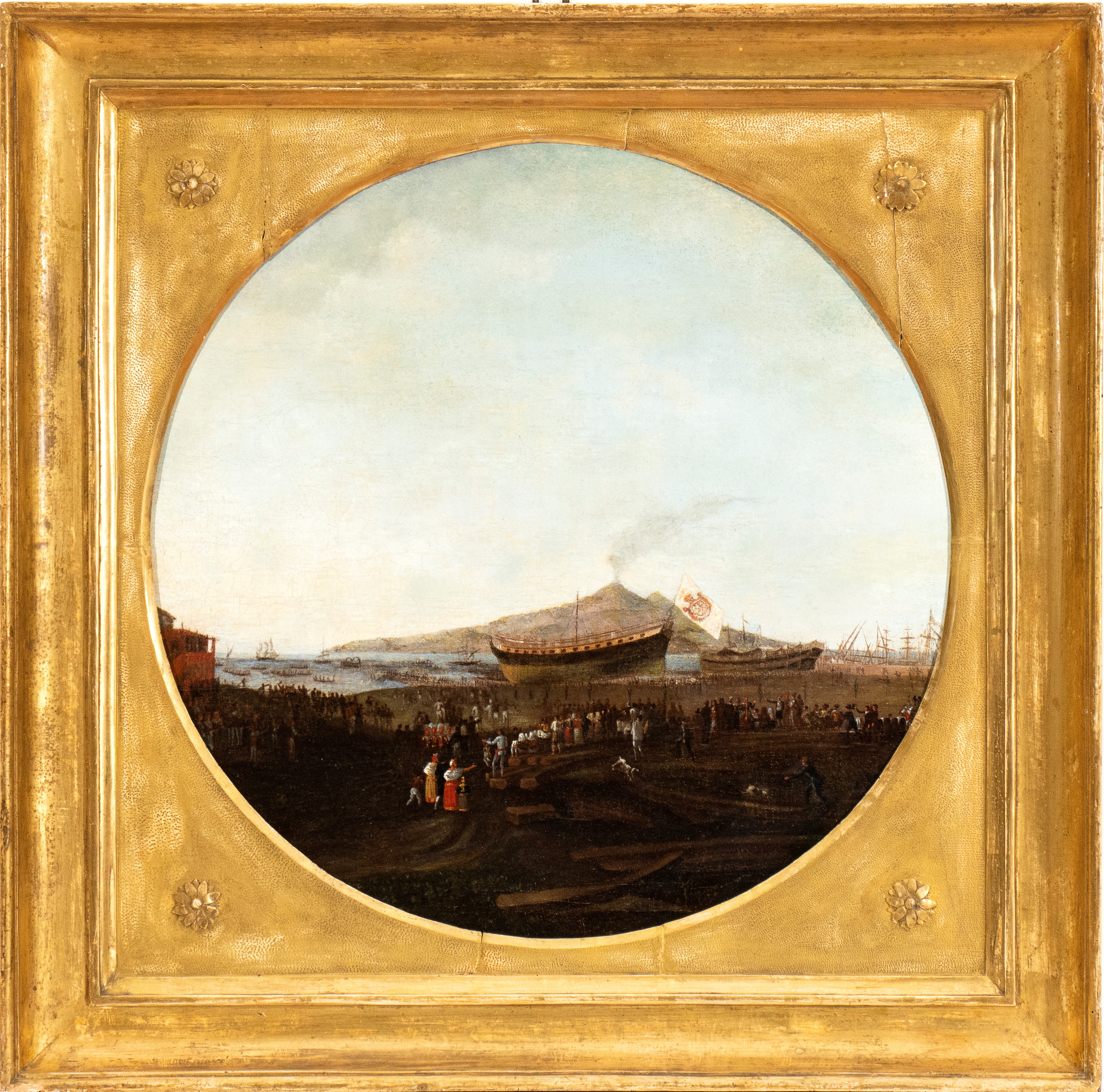 Artista Attivo a Napoli, XVIII - XIX Secolo - Veduta di Baia con Varo del Vascello Partenope il 1...