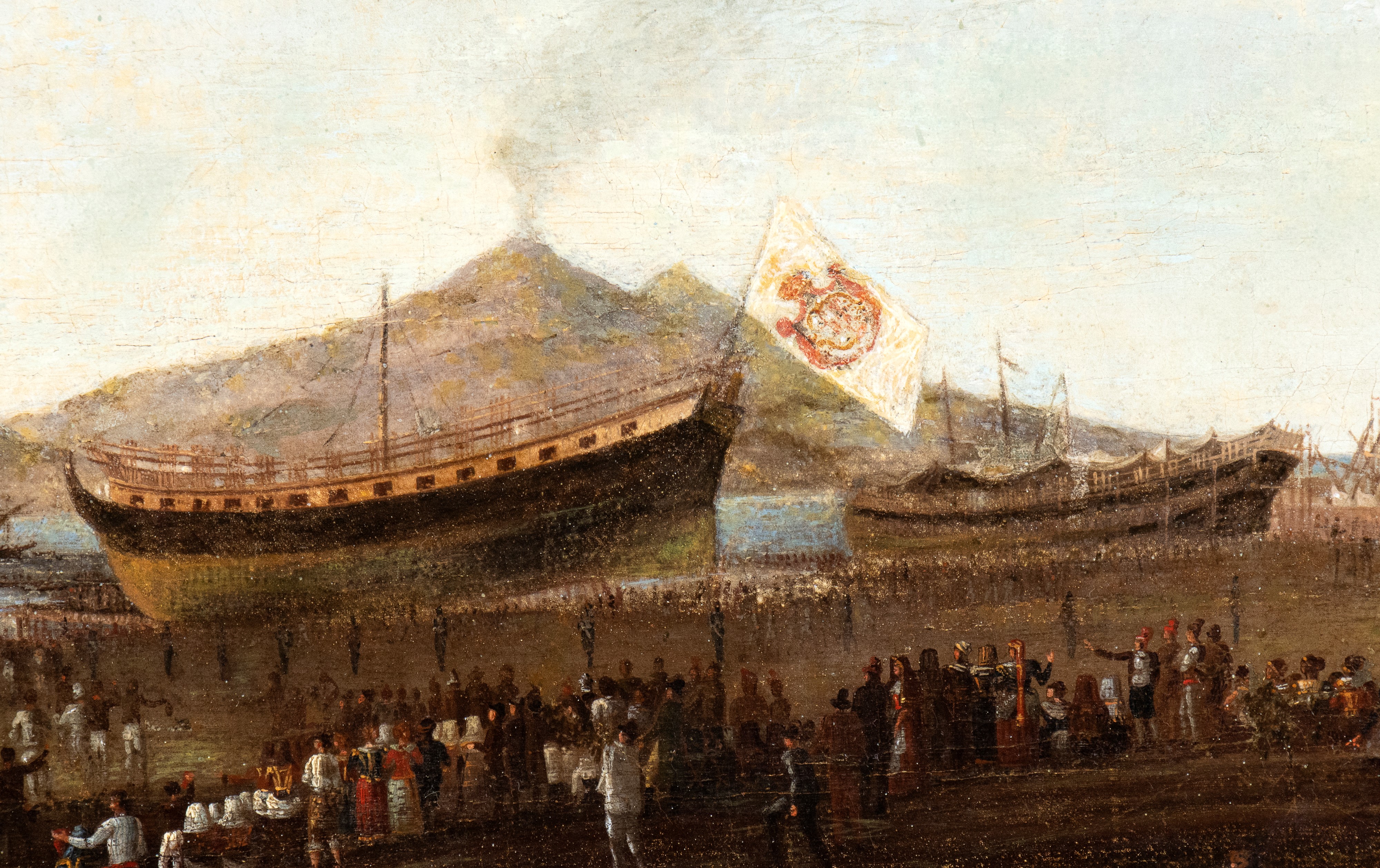 Artista Attivo a Napoli, XVIII - XIX Secolo - Veduta di Baia con Varo del Vascello Partenope il 1...