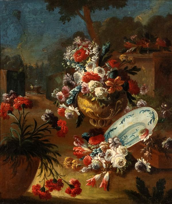 Gasparo Lopez - Vasi di fiori e vasellame in un paesaggio