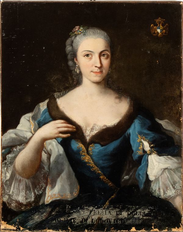 Artista lombardo, XVIII secolo - Portrait of a lady in a blue dress with coat of arms