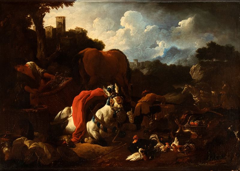 Paesaggio con venditori che dispongono la merce