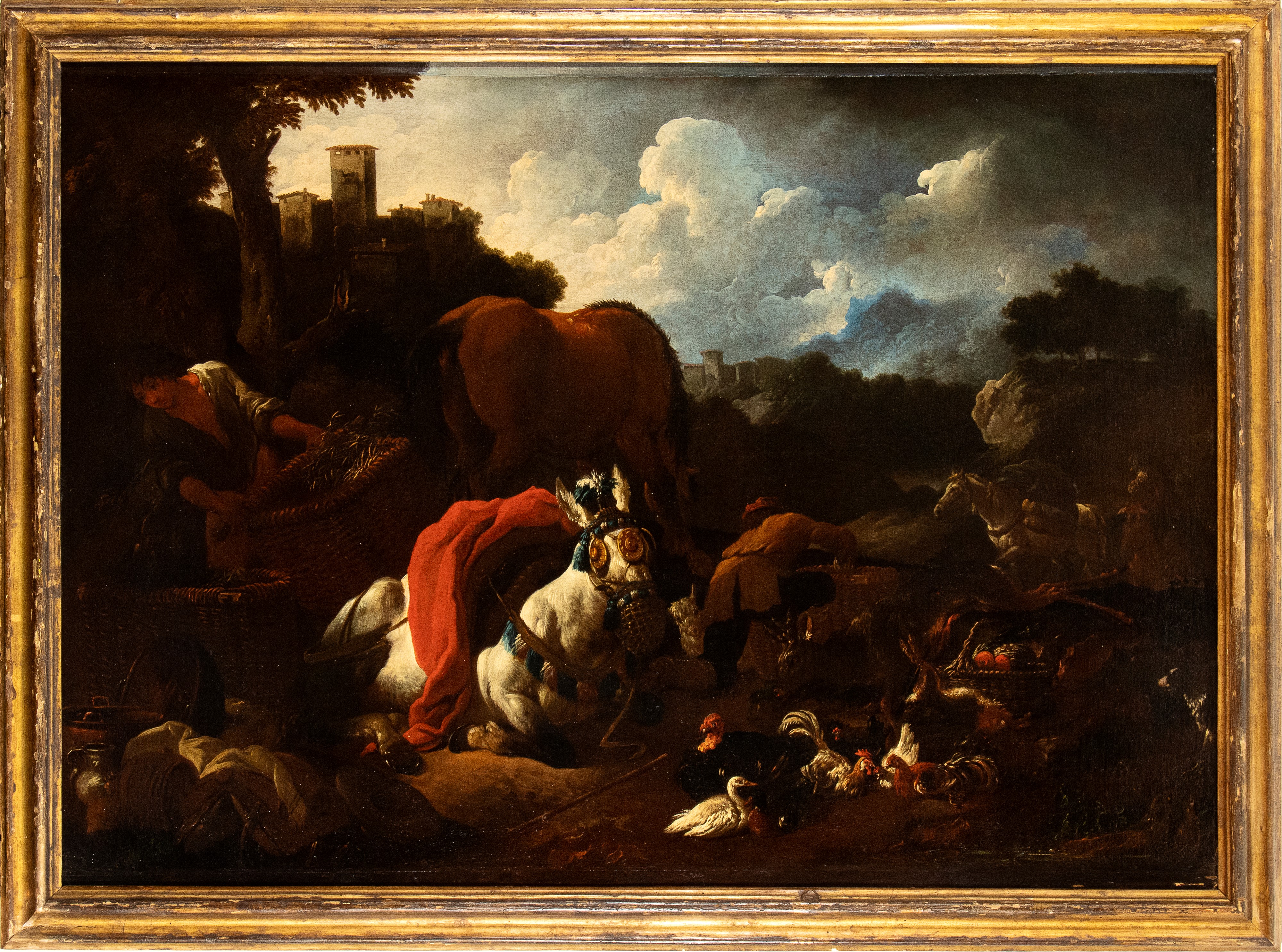 Paesaggio con venditori che dispongono la merce