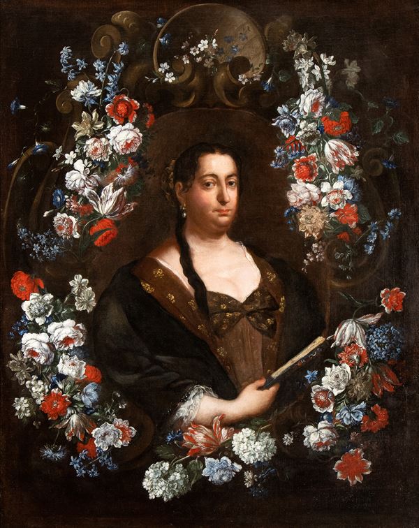 Pier Francesco Cittadini - Portrait of a lady with fan within garland of flowers