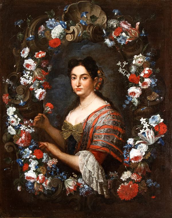 Pier Francesco Cittadini - Portrait of a lady with carnation in a garland of flowers