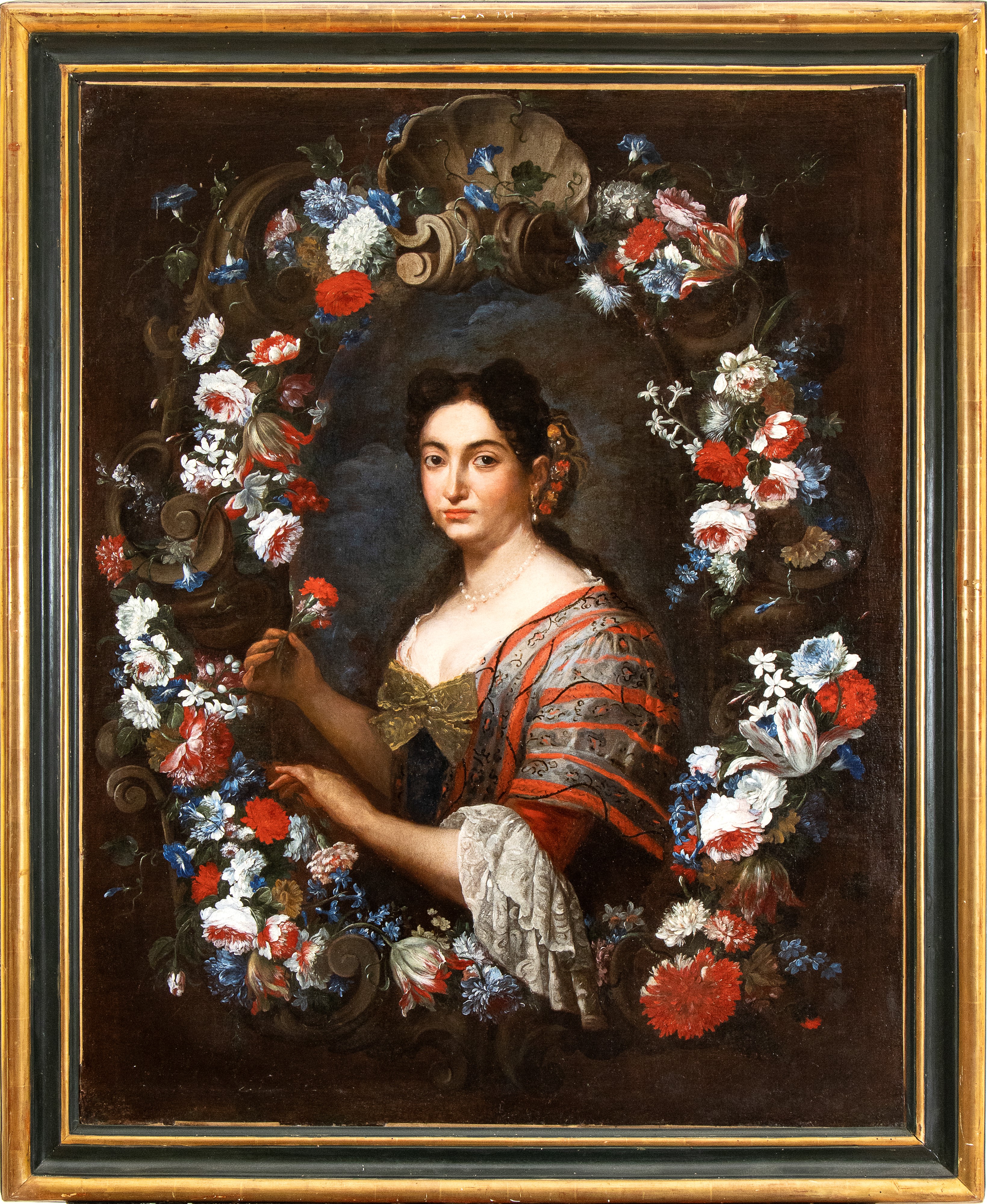Ritratto di dama con garofano entro ghirlanda di fiori